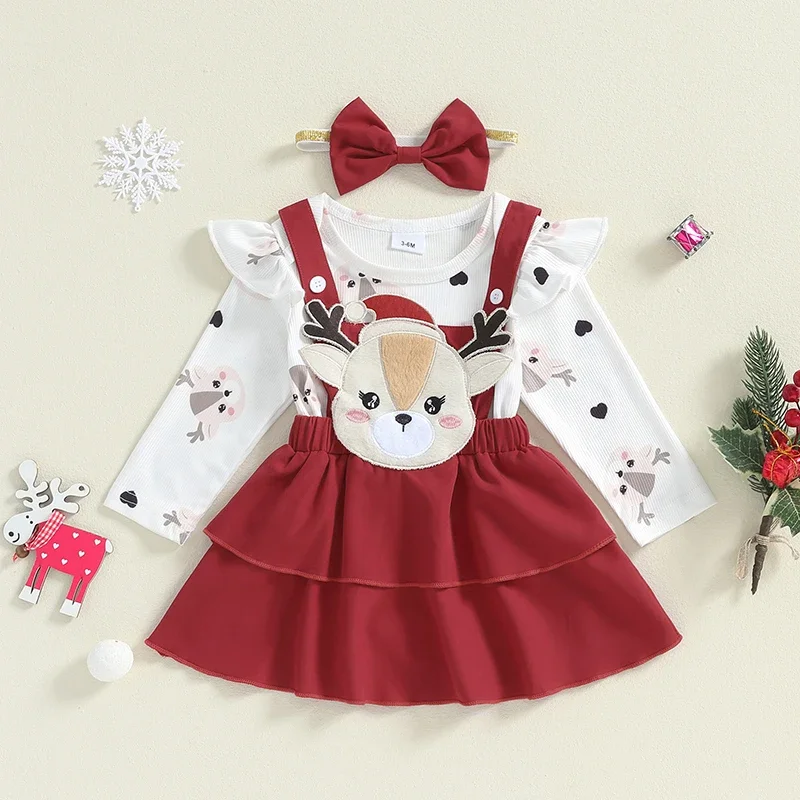 Baby Girl Christmas Outfits Santa/Deer Print Long Sleeve Romper Ruffles Suspender Skirt Headband Newborn Clothes Set