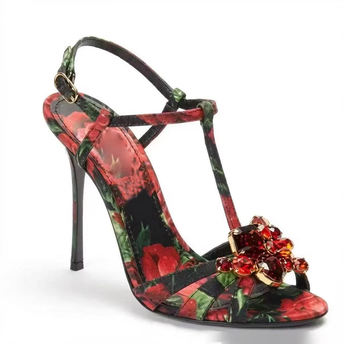 

New Women T Strap Rhinestone Flower Heel Sandals Floral Print Satin Ankle Strap Stiletto Open Toe Party Wedding Elegant Sandals
