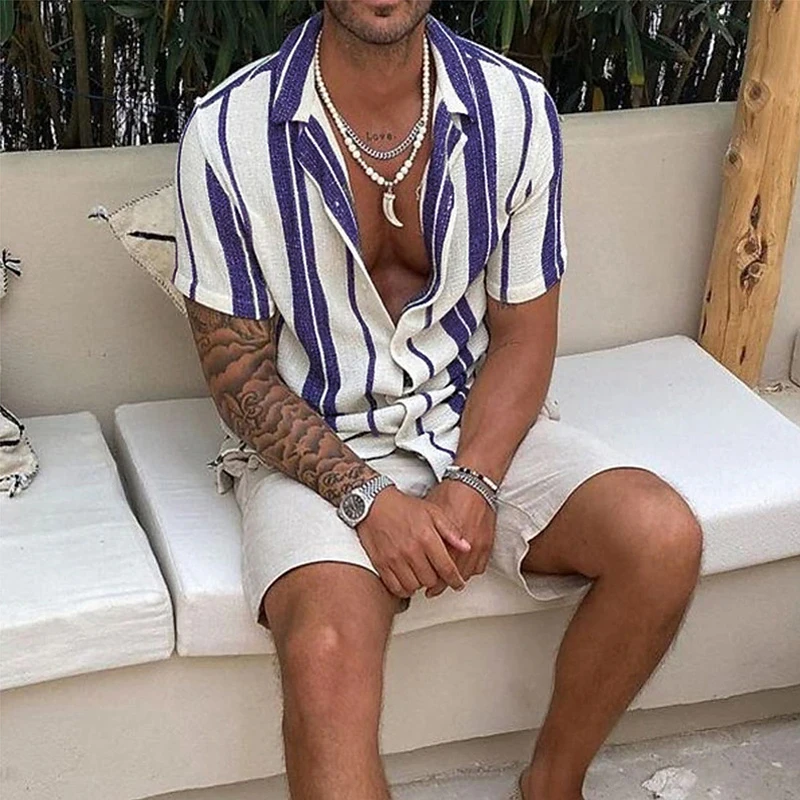 2024 Summer Beach Vintage Striped Print Shirts Men Casual Loose Short Sleeve Button Lapel Mens Shirt Oversize Fashion Shirt Tops