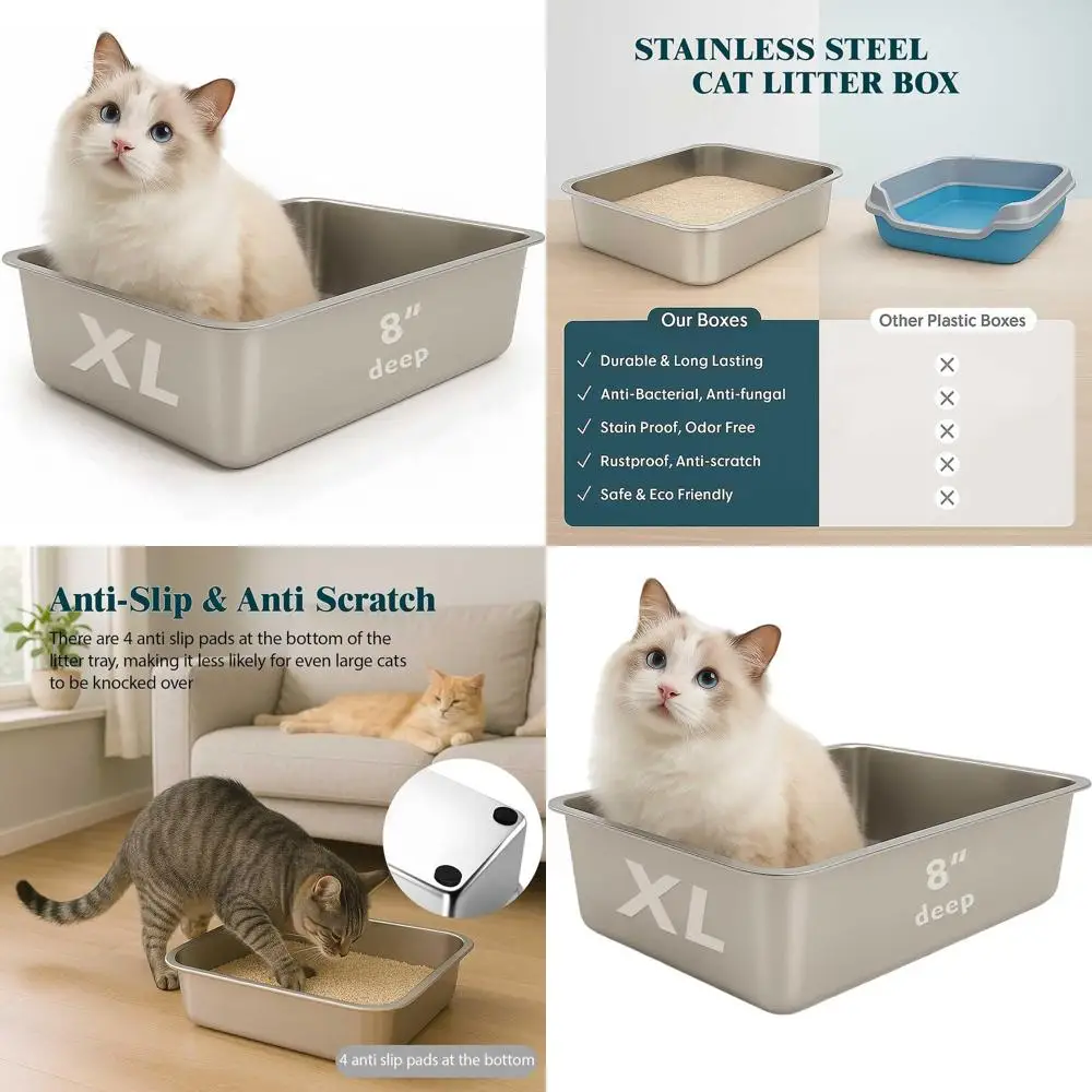 

Очень большой лоток для кошек из нержавеющей стали, 23,6 длина x 15,7 ширина x 7,9 высота, с высокими бортиками, без запаха, легко чистится