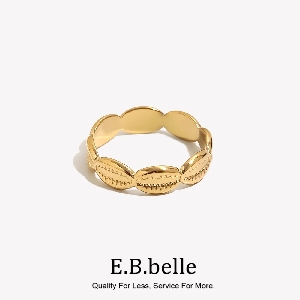 E.B.belle Waterproof Open Size 18K Gold Plated Shell Rings Minimalist Basic Stainless Steel Ring