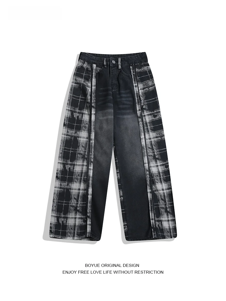 

Джинсы Boyue в американском стиле ретро в клетку, свободные широкие брюки, прямые длинные брюки, повседневные удобные полиэстеровые хлопковые брюки