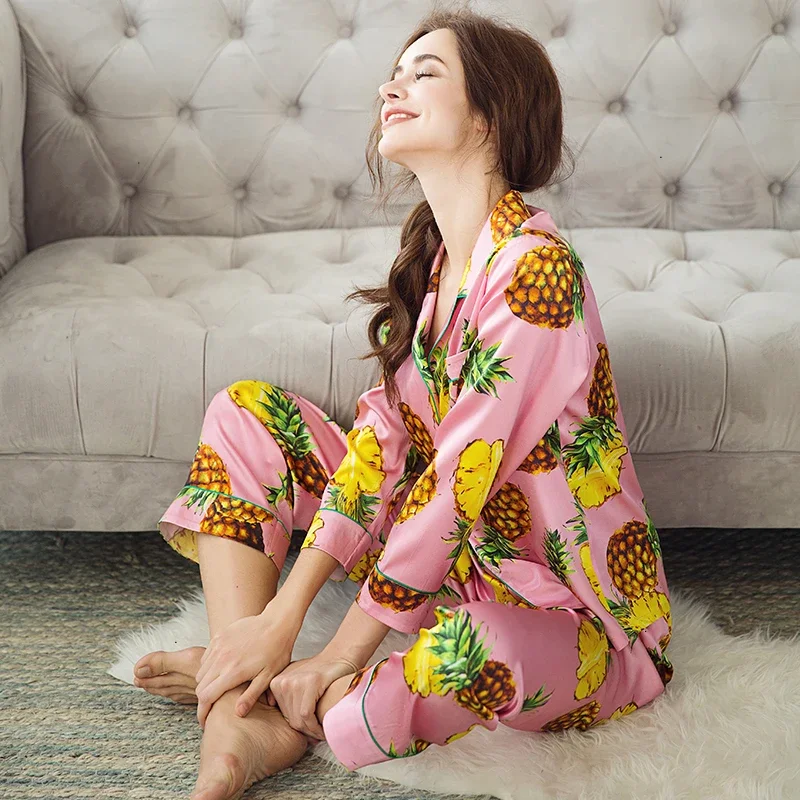Cute Print Summer Silk Top & Shorts Pajamas Set Women 100% Mulberry Silk Pajama Long Sleeves Top & Pants Loungewear 2 Piece Set