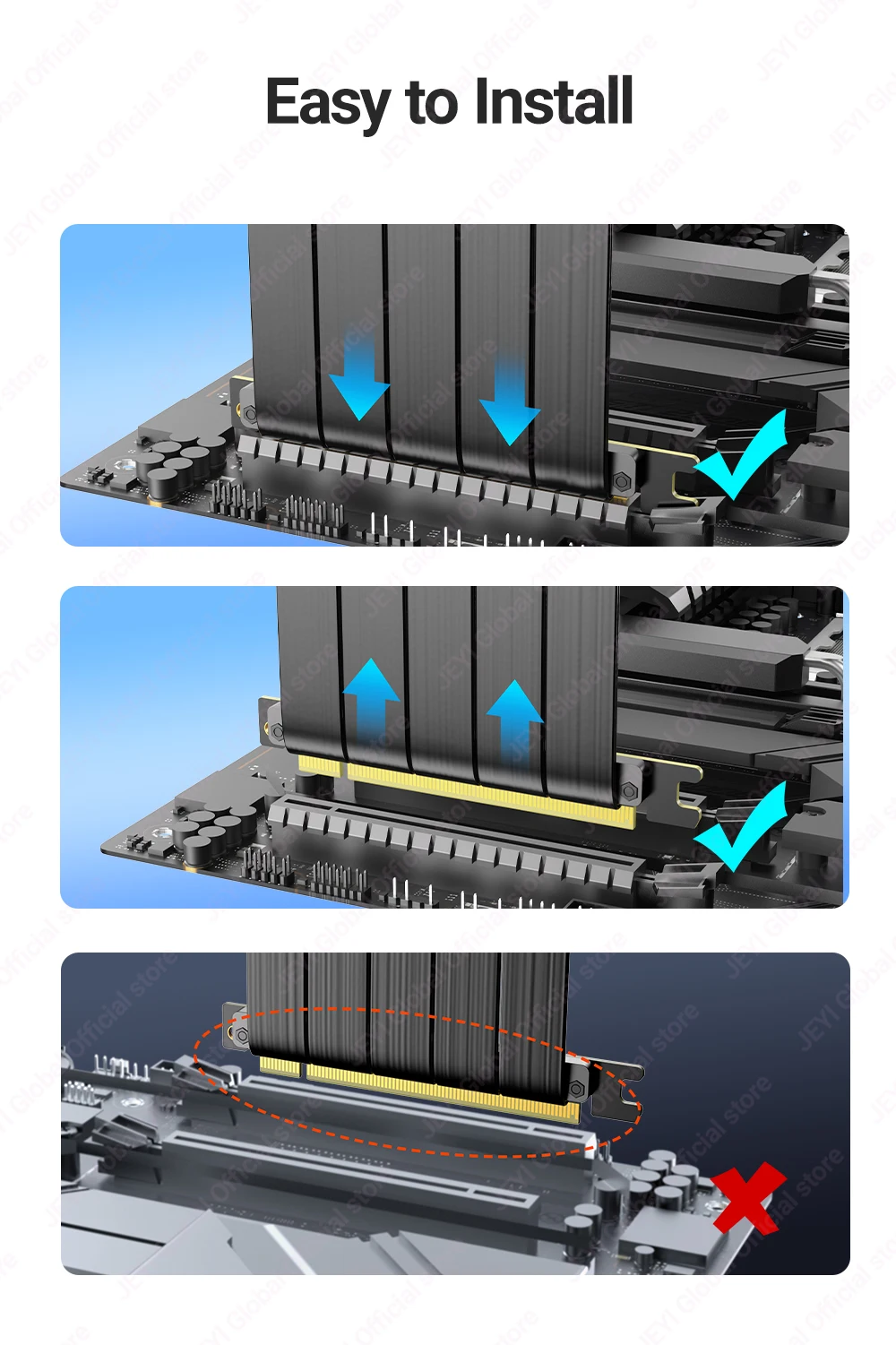 JEYI PCIe 4.0 X16 Verlängerungskabel (16GT/s) GPU-Riser für RTX 4090/4080 & RX 7900 XTX, Mining Rig/Vertikale Montage, 20/30/60cm Opti – Detail 7