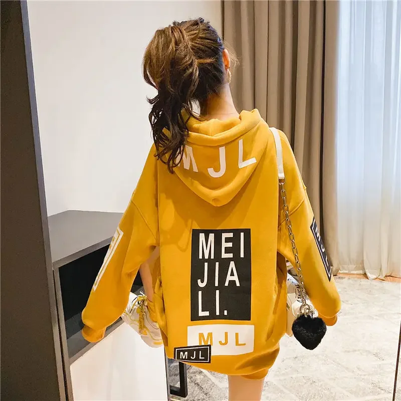 Woman Clothing Baggy Top Text Loose Hooded Long Women's Sweatshirt Yellow Letter Hoodies Printing Harajuku Fashion Y2k Style Emo