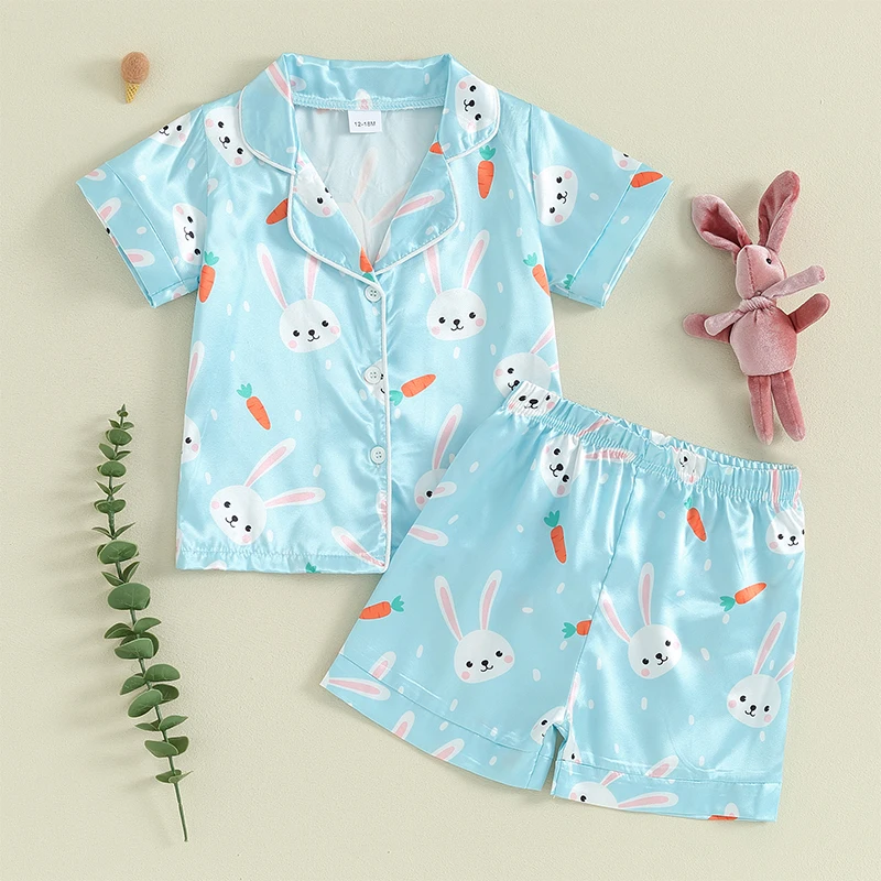 

Children s Easter Pajama Set with Adorable Bunny Design Short Sleeve Button-Up Shirt and Elastic Waist Shorts for Comfortable