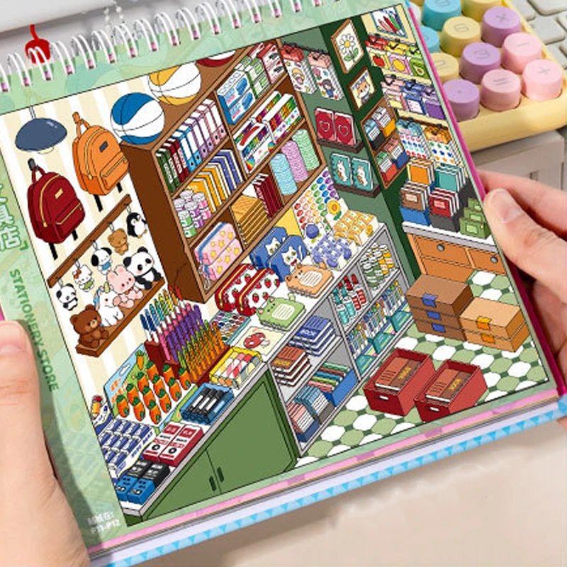 Kawaii Store Stapel-Szenen-Aufkleberbuch 3D Miniatur-Landschaft für Scrapbook, Tagebuch, DIY-Bastelarbeiten, Geschenk für Studenten, Schreibwaren-Aufkleber – Detail 7