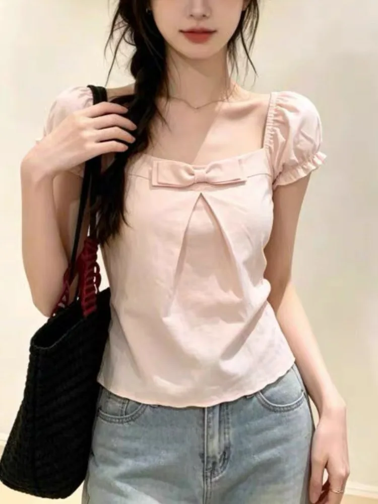 Sweet Style Knot Square Collar Short Sleeve Loose Slimming Bubble Sleeve Shirt Women's Summer New Fashion Top 3