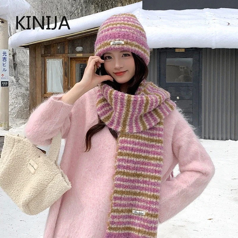 Korean Knitted Scarf Cap Sets with Wool Women Fashionable Stripes Hat Outdoor Windproof Riding Set Winter Thickened Warm Sets
