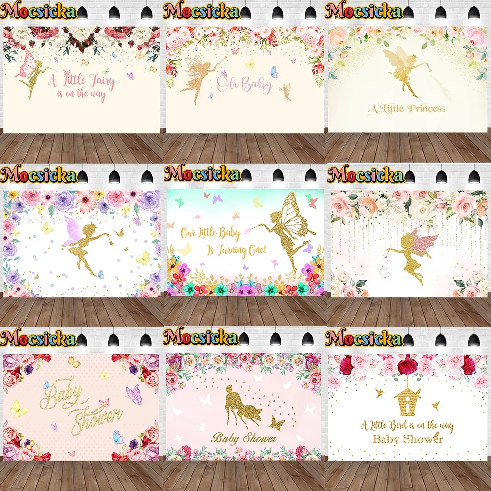 

A Little Fairy is on the Way Baby Girl Birthday Party Poster Backdrop Newborn Butterfly Flower Glitter Decor Background Prop