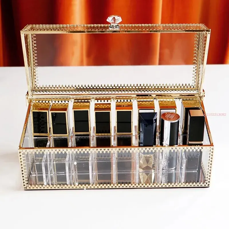 Organizador de maquillaje dorado para mujer, caja de almacenamiento de vidrio, contenedor de cosméticos para lápiz labial, cuidado de la piel, esmalte de uñas, soporte de exhibición de Perfume