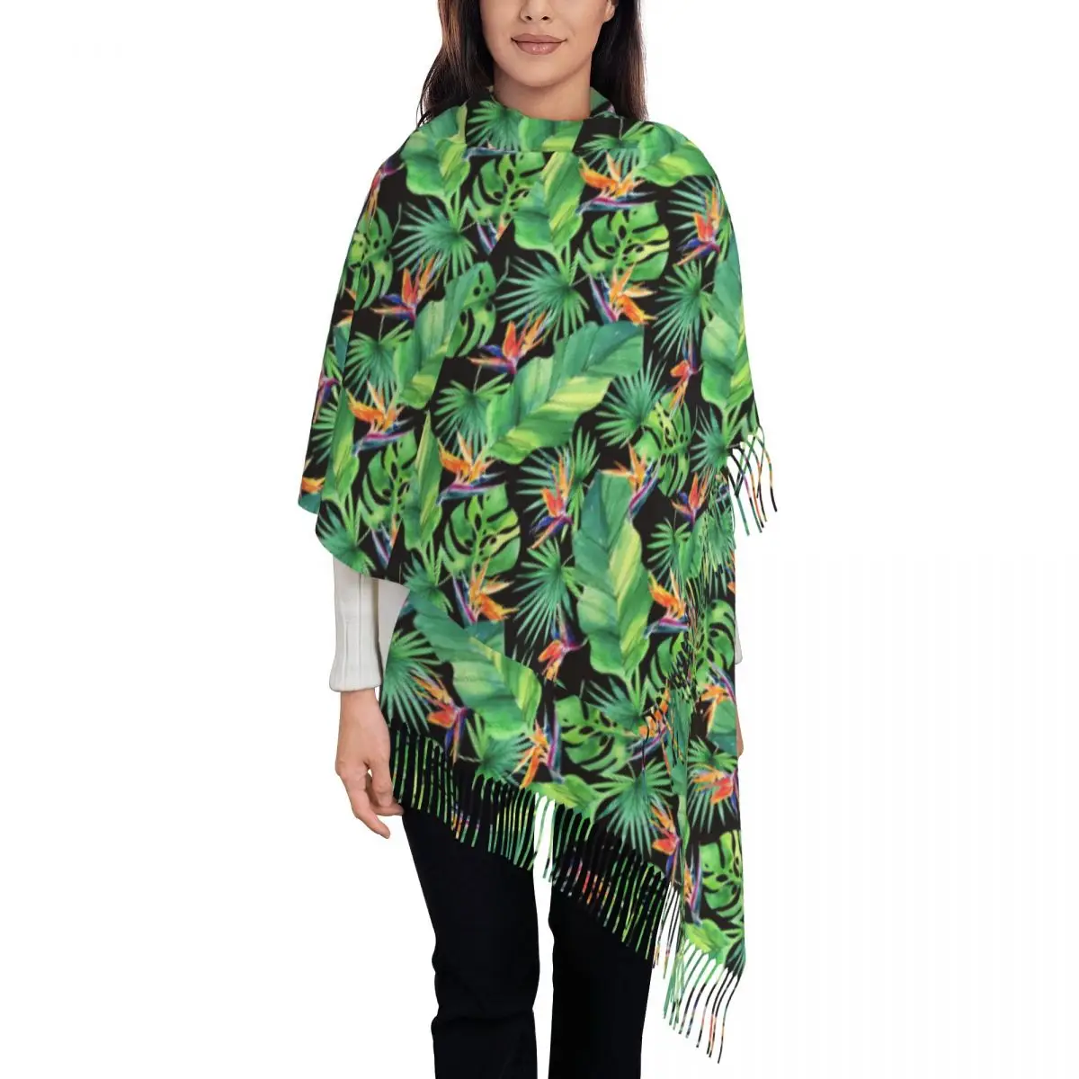 Jungle Tropical Leaf Scarf Lady Bird Print Headwear Scarves with Tassel Winter Retro Shawl Wrap Warm Soft Design Bufanda Mujer