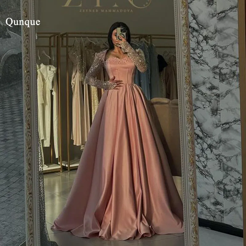 Qunque Dusty Pink Satin Evening Dress Luxury Pearls Sweetheart Floor Length Prom Gowns With Jacket Formal Customized Party Dress