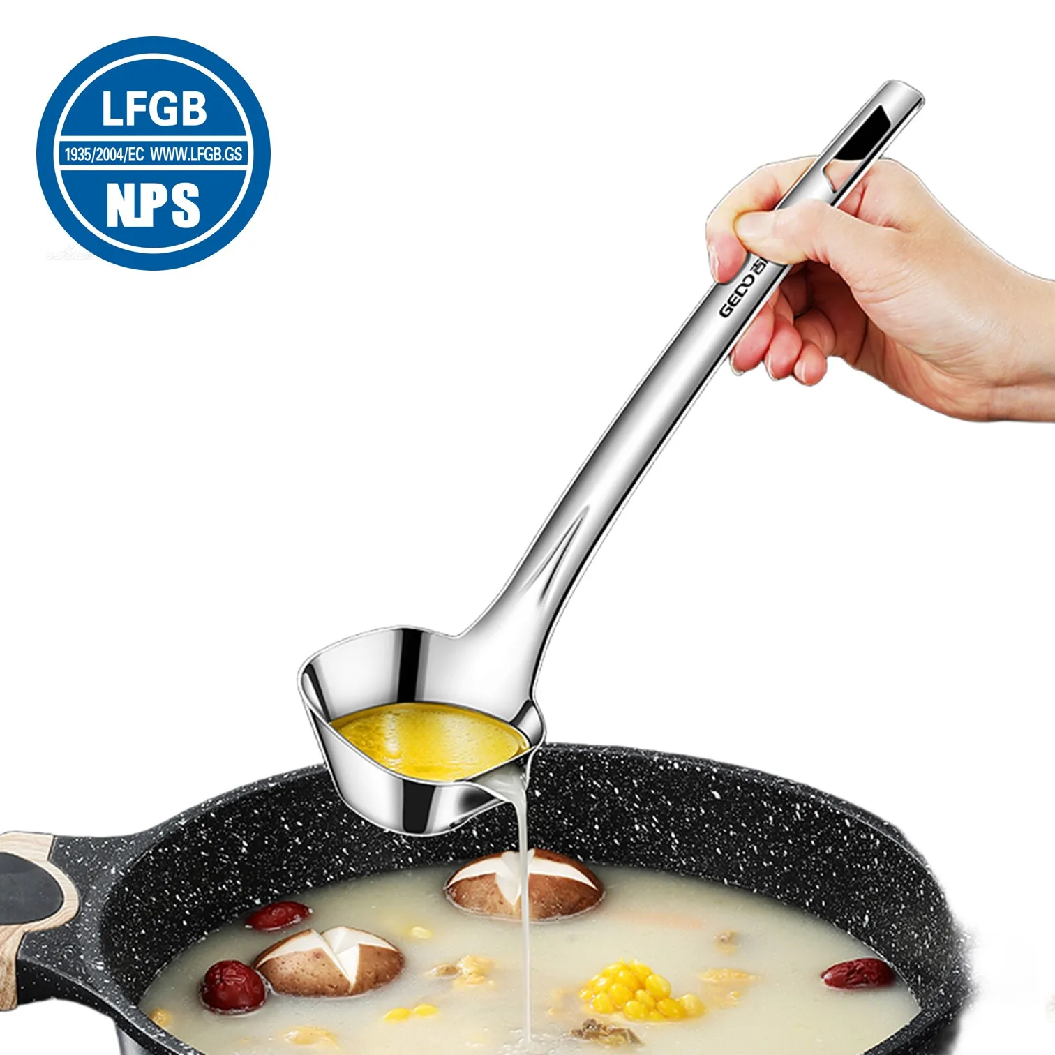 

LFGB Certification 99.9% Anti-bacterial 316L Stainless Steel Oil Separating Spoon 1.36mm Thickness 8.8cm Width 28cm Soup Ladle