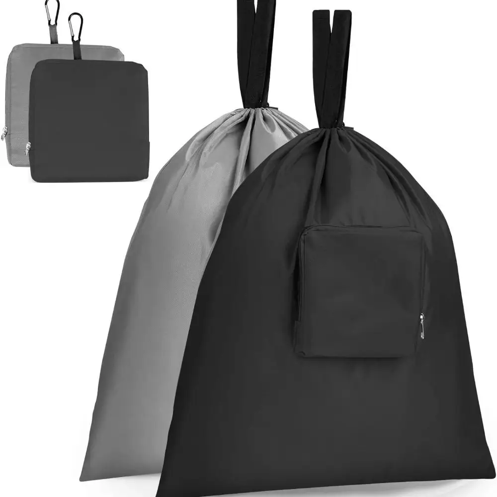 

Black&Grey Travel Laundry Bag Carabiner Clip Collapsible Drawstring Storage Bag Polyester Fiber with Handle Dirty Clothes Bag