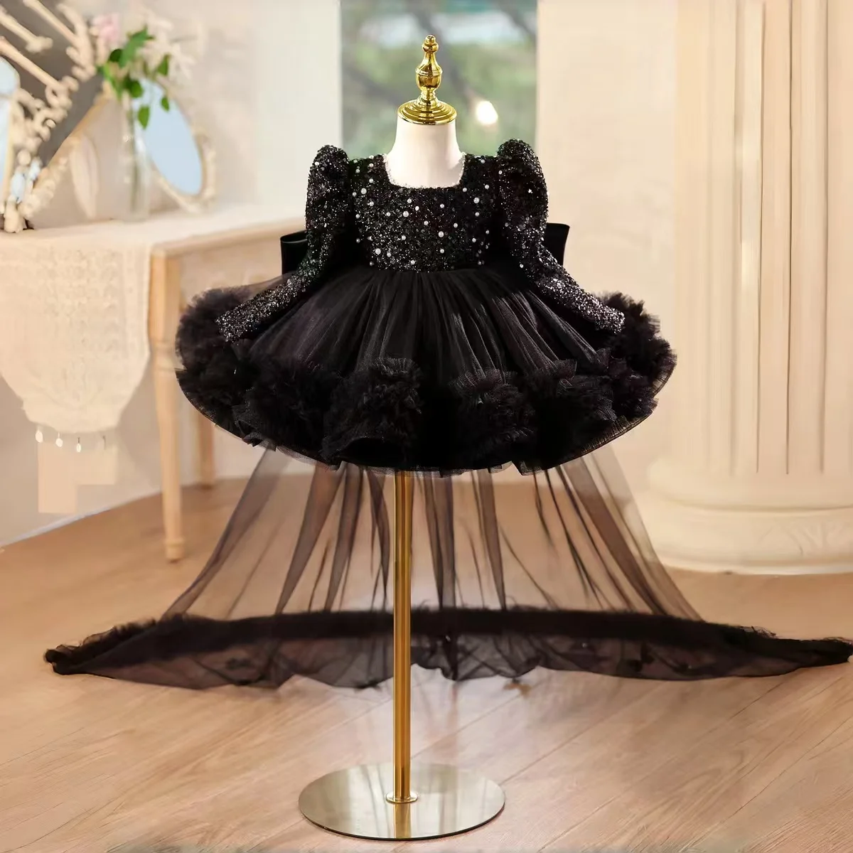 Jill Wish J733 Elegant Black Girl Dress Beading Knee Length with Train for Children Wedding Birthday Party Pageant Ball Gown