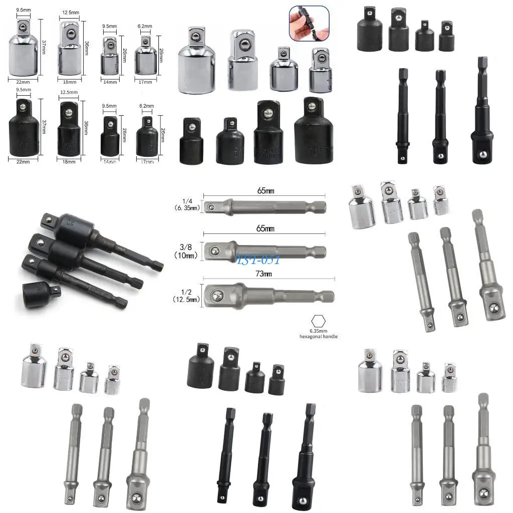 

E15A Multiple Size Socket Converters Set Including 3 Extension Rod Steel Construction