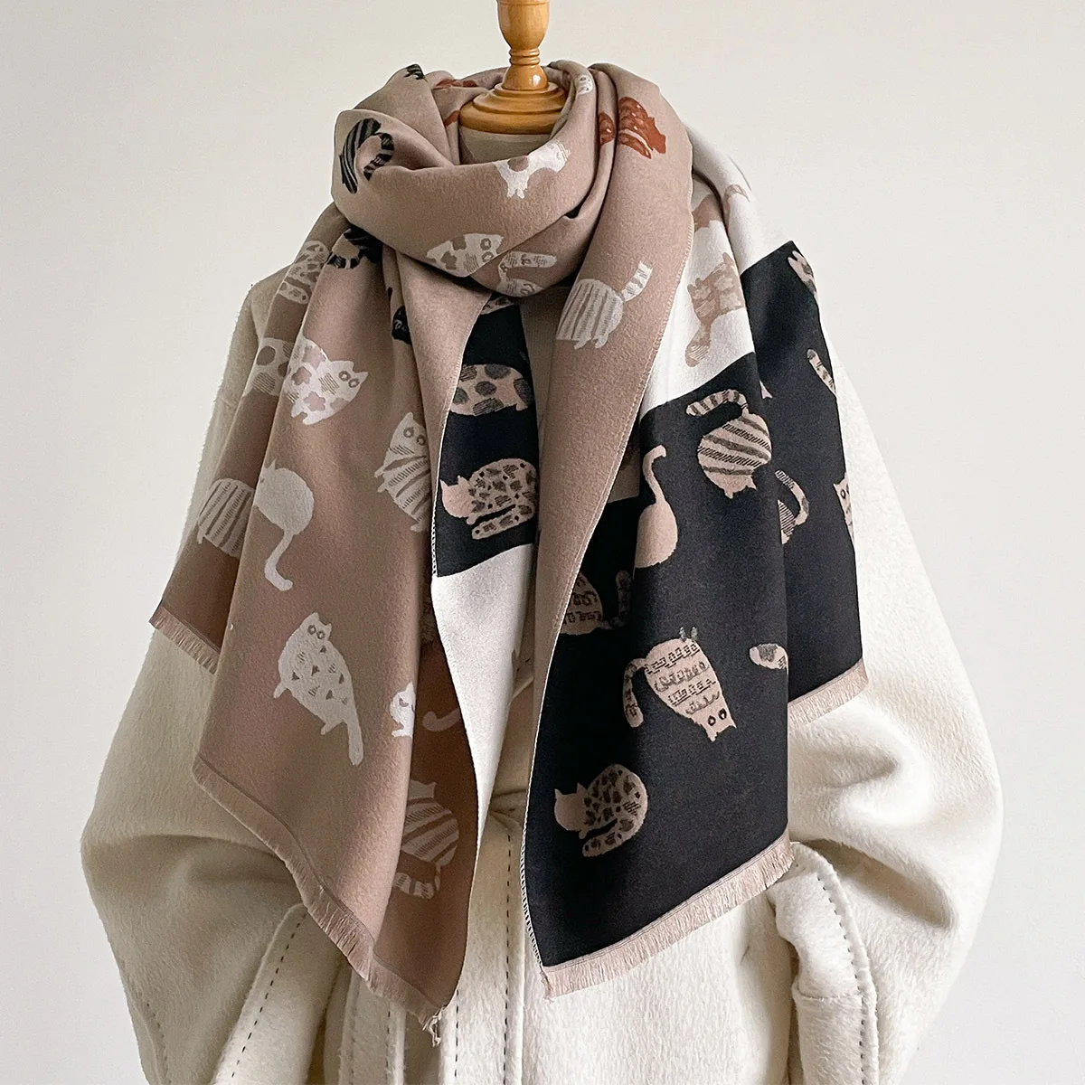 Scarf Women Cat Jacquard Shawl Wrap Double Sided Fall Neck Warmer Ladies Animal Pattern Cape Stole Daily Outdoor Office view 6