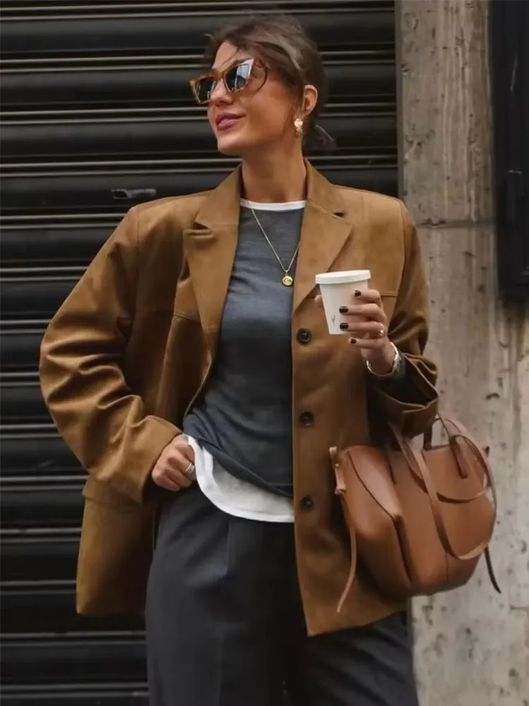 

HH Women Vintage Brown Suede Blazer Coat Single Breasted Long Sleeve Lapel Jacket With Pockets Casual Office Lady Outerwear