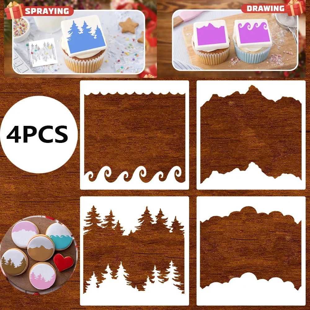 4Pcs Food Grade PET Scenic Cake Stencils, Forest Mountain Wave Patterns, Decorating Templates for Cake, Cookie, Journal Wall Art