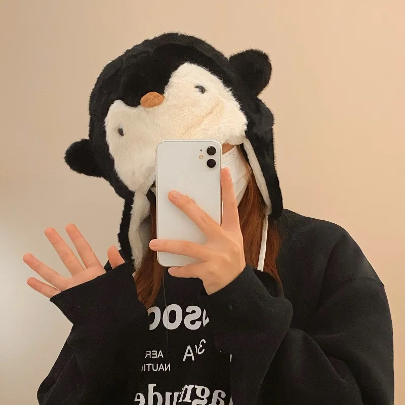 New Cute Penguin Warm Plush Bonnet Children Winter Thickened Cold Protection Earflaps Lei Feng Hat Cycling Ski Hat