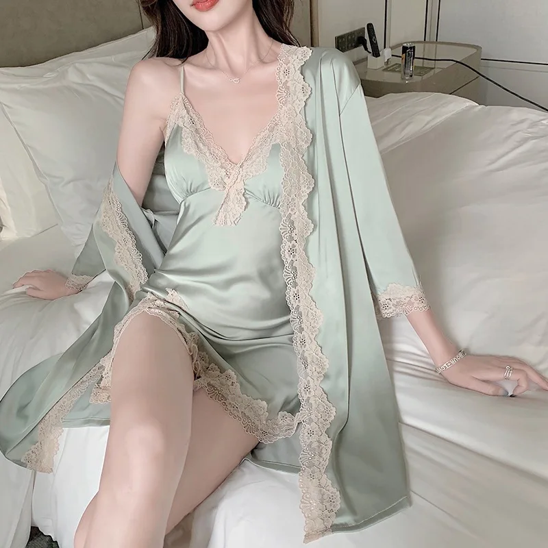 Women Twinset Robe Gown Set Sexy Lace Nightgown Kimono Bathrobe Nightdress Casual Satin Sleepwear Home Wear Clothing