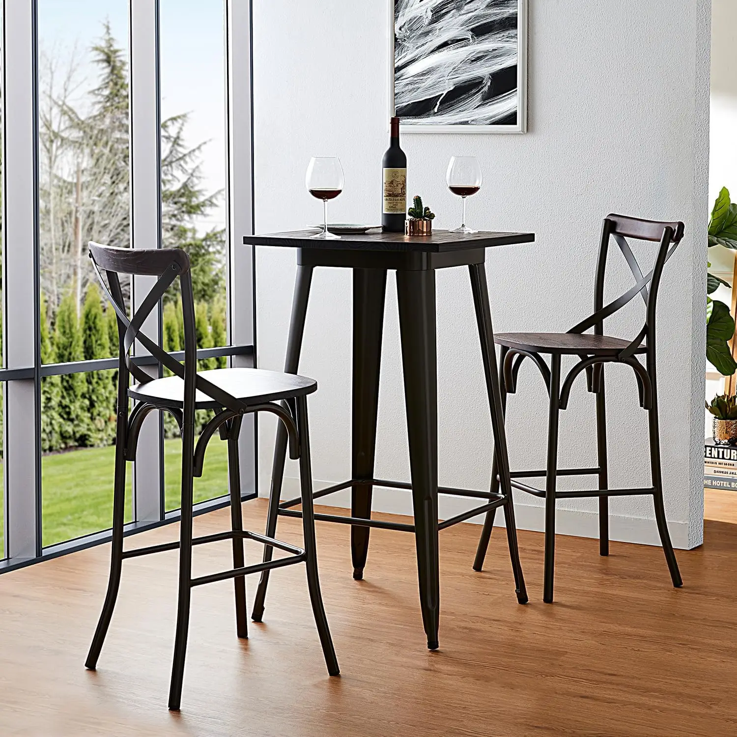 

Glitzhome 3 Pieces Rustic Steel Square Bar Table And Bar Stools With High Backest Set Dining Table And Chairs Set For Breakfast