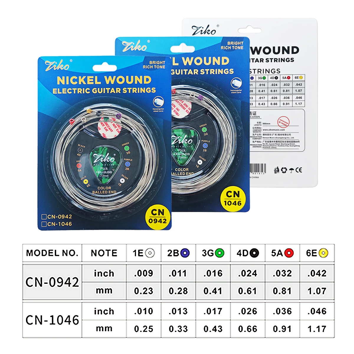 ZIKO 1Set CN-0942/CN-1046 Nickel Wound Electric Guitar Strings–Hexagonal Steel Core, Bright Tone, 2 Gauge Options (Light/Medium)