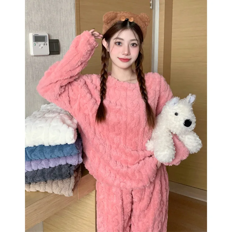 Autumn and Winter Women\'s Coral Fleece Warm Pajamas Homewear Suit Couple Padded and Thickened Homewear Loose Warm Homewear Suit