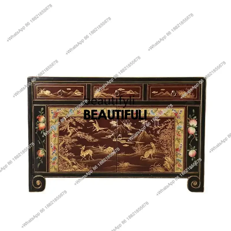 ss8350 Retro decorative Chinese side cabinet Solid wood entry foyer cabinet Gold painted partition cabinet Old furniture