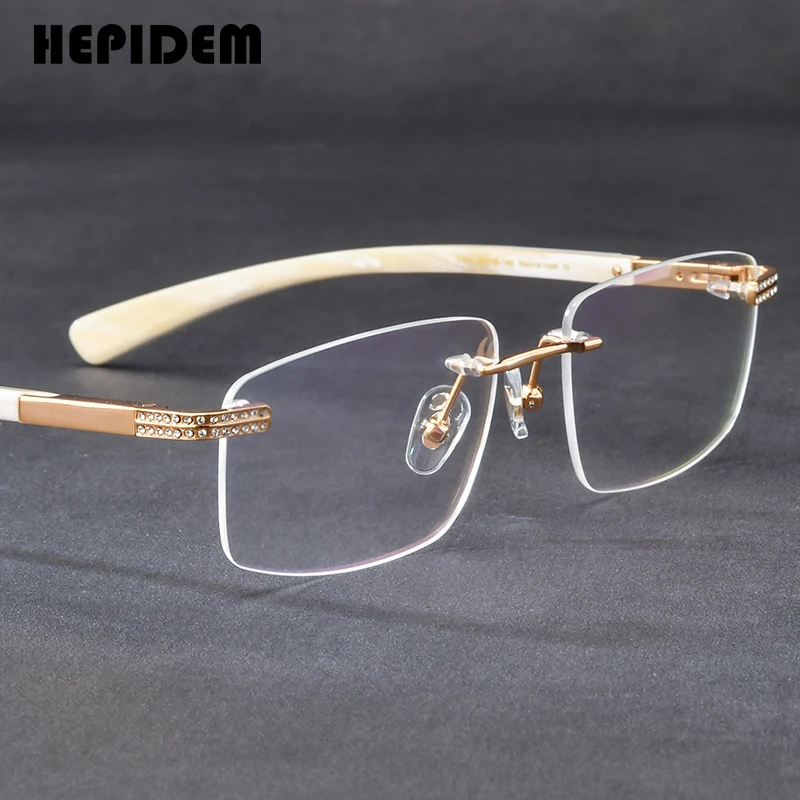 HEPIDEM Buffalo Horn Glasses Frame Men Brand Design Square Luxury Diamonds Sumptuous Buffs Rimless Eyeglasses for Women