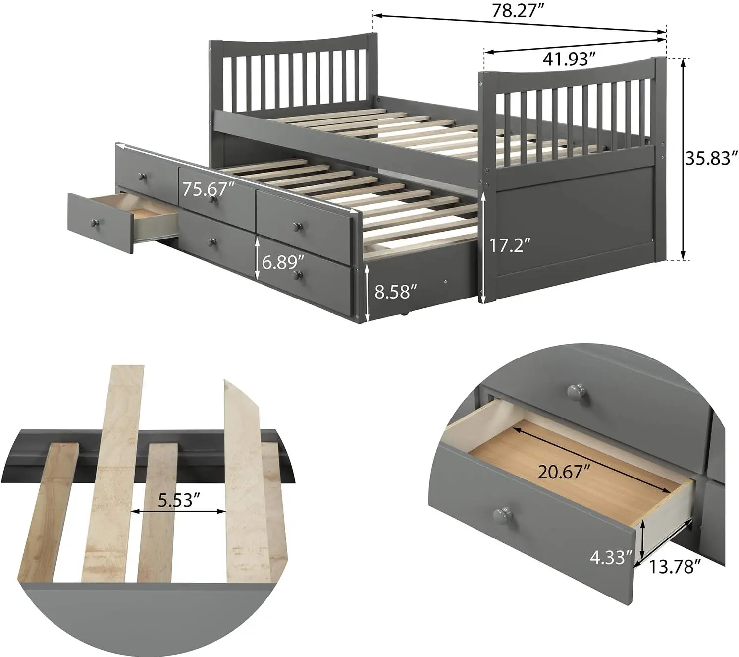 Twin Captain’s Bed Storage daybed with Trundle and Drawers for Kids Guests (Grey)