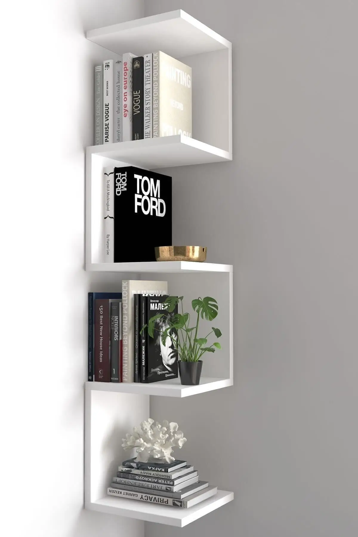 Modern Decorative Corner Wall Shelf, Organizer with Zigzag Bookcase Corner Design, interior decoration stylish wooden chipboard