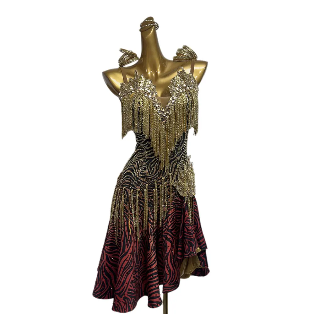 

Костюм для латинских танцев со стразами для женщин, взрослых, детей, высококачественное индивидуальное черное, золотое, красное трехцветное платье для выступлений самбы