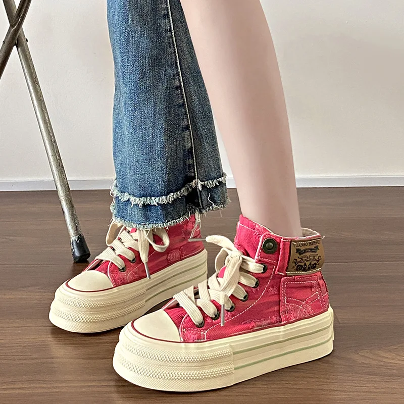 2024 New Pink Women Denim Canvas Shoes High Top Female Thick Sole Canvas Sneakers Lace Up Girls Students Navy Blue Short Boots