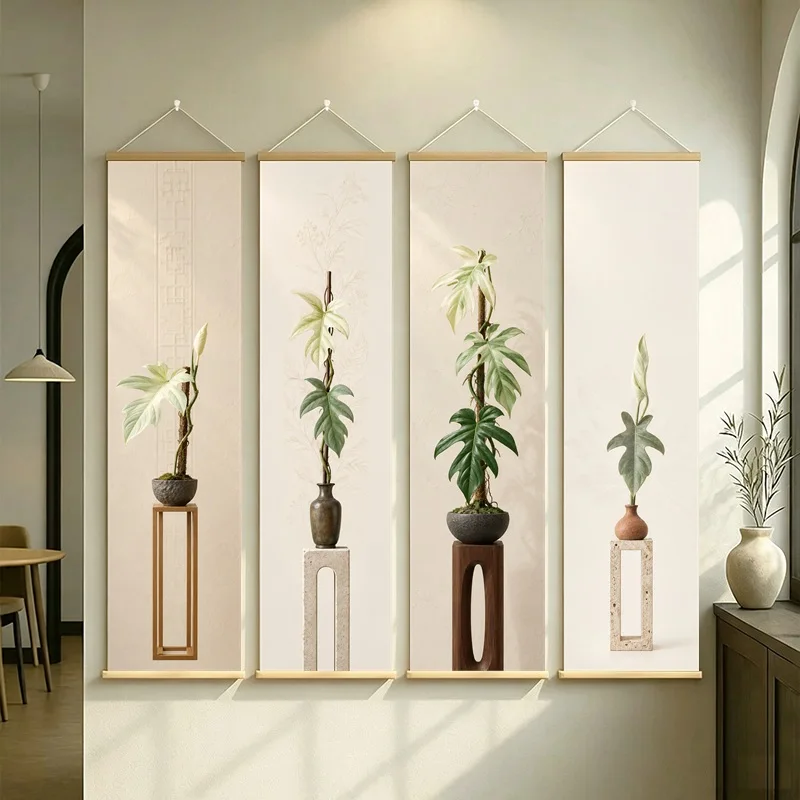 Tropical Plant Wall Art 4-Panel Slender Green Leaf Vase Scroll Set on Cream Silver Shimmer Canvas for Airy Living Room Decor