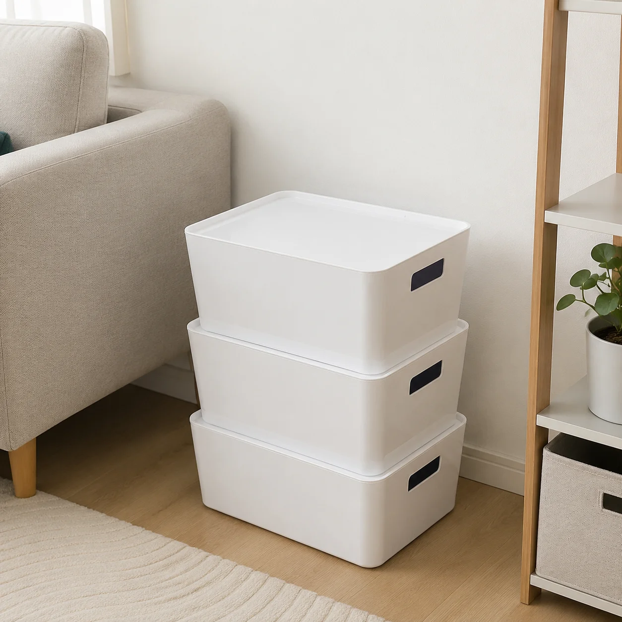 Stackable White Plastic Storage Bins with Removable Lids and Built-In Cutout Side Handles, Smooth Rounded Corner Dustproof Organizer Boxes for Bedroom Closets, Kitchen Cabinets and Bathroom Vanities - view 7