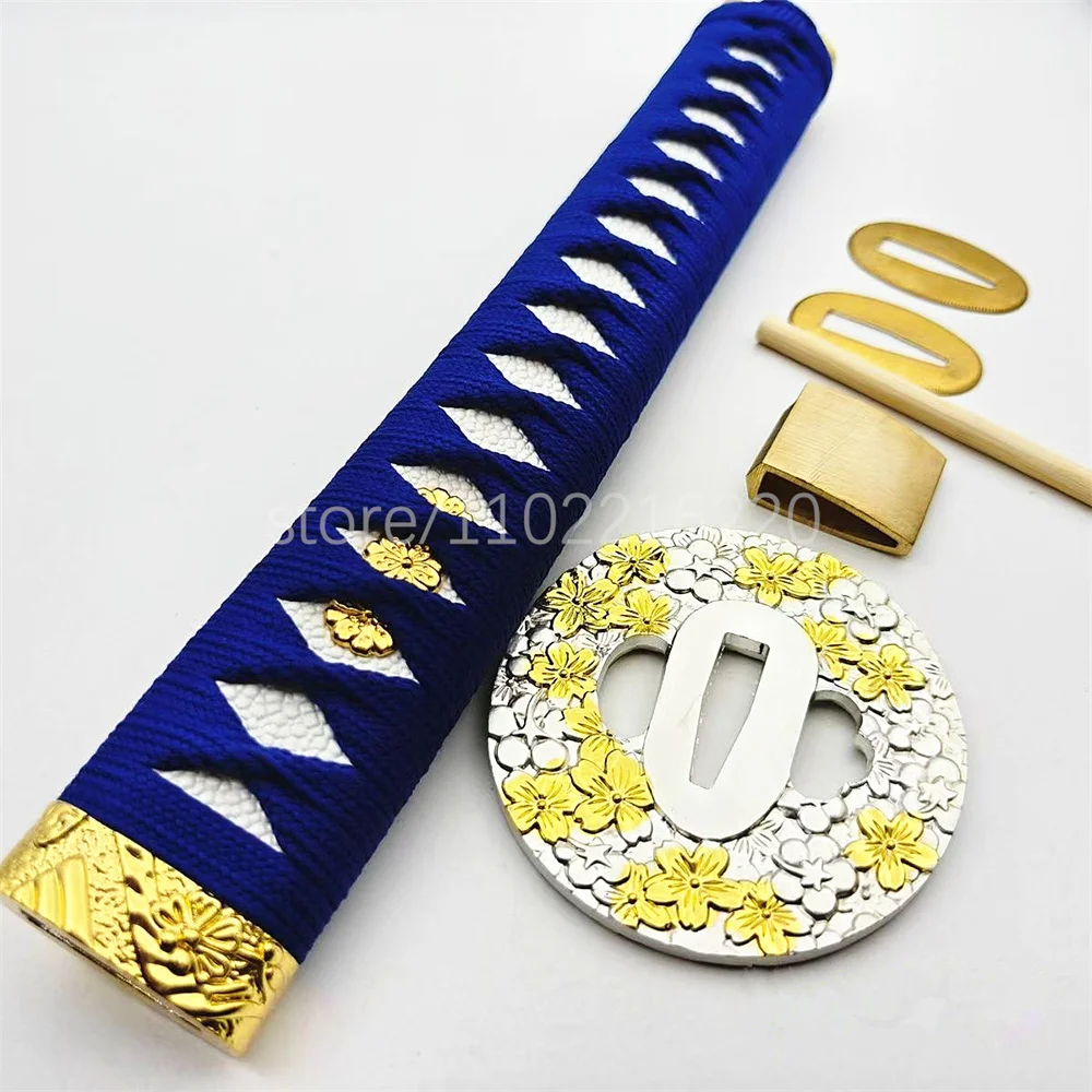 A Set Blue Samurai Sword Parts 26cm Tsuka Handle Alloy Tsuba Handguard Brass Habaki Seppa For Japanese Samurai Katana Fittings