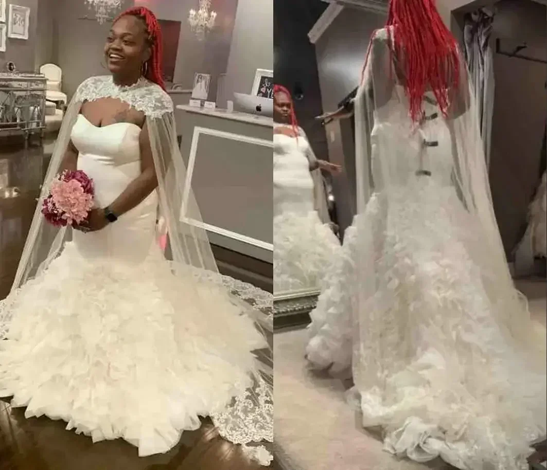 Customized Amazing African Big Wrap Mermaid Plus Dresses 2024 Sweetheart Ruffled Bottom Court Train Wedding Bridal Gown