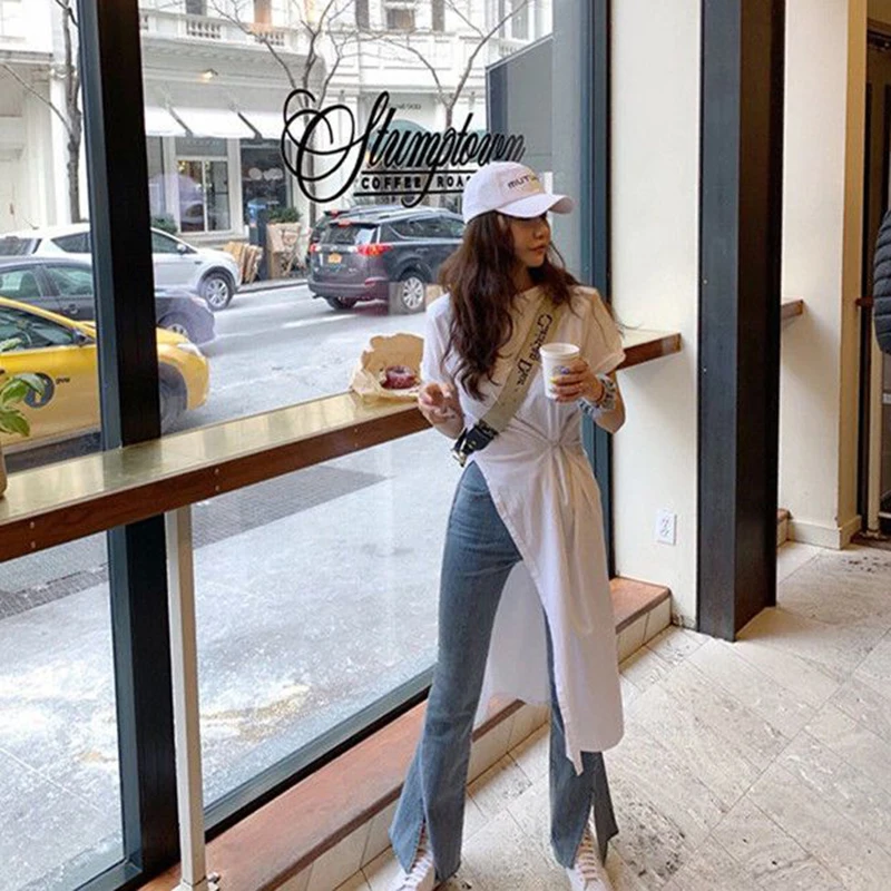 MEXZT L-4Xl T Shirt Dress Women Oversized Slit Irregular White Dresses Summer Korean Streetwear Split Button Pleated Casual Robe