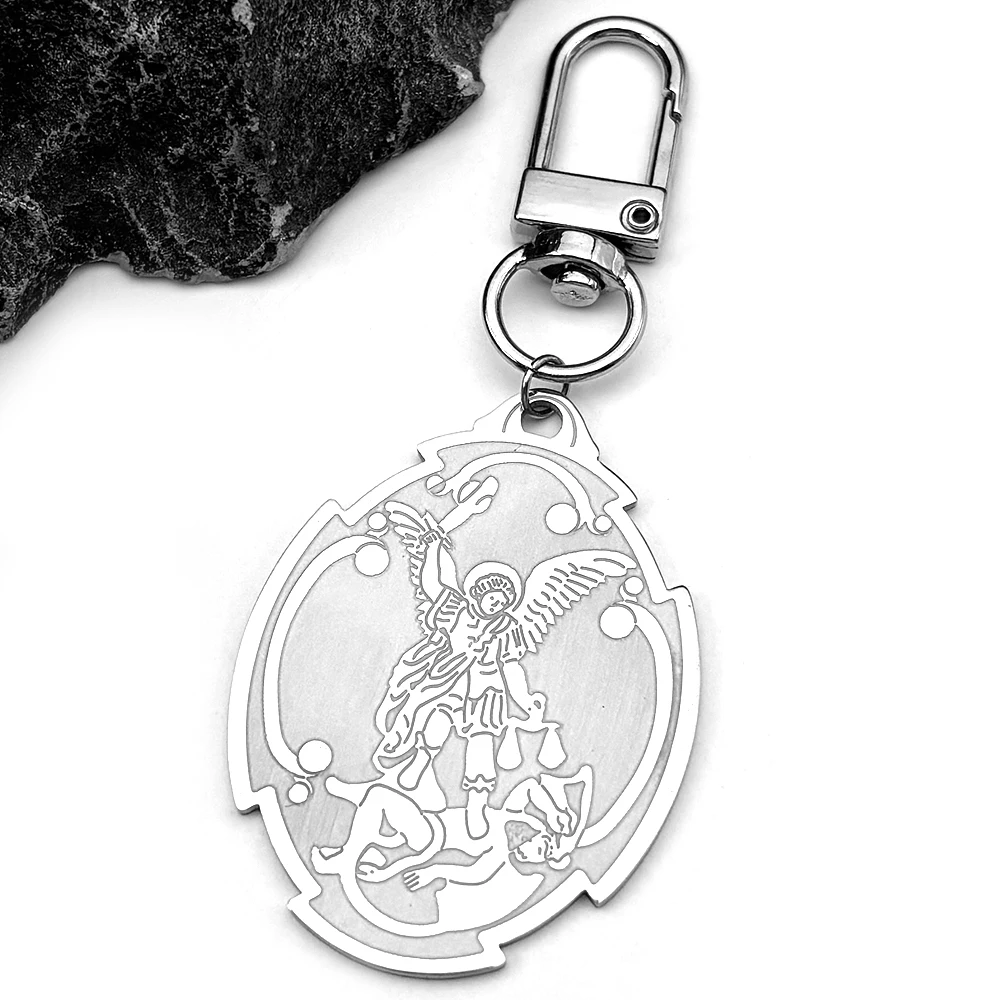 Archangel St.Michael Medal Keyring For Women Men Stainless Steel Patron Saint Of Law Enporcement Keychain Protection Jewelry