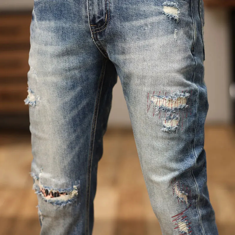 Street Fashion Men jeans High Quality Retro Blue Stretch Slim Fit Ripped Jeans Men Patched Designer Vintage Denim Pants Hombre