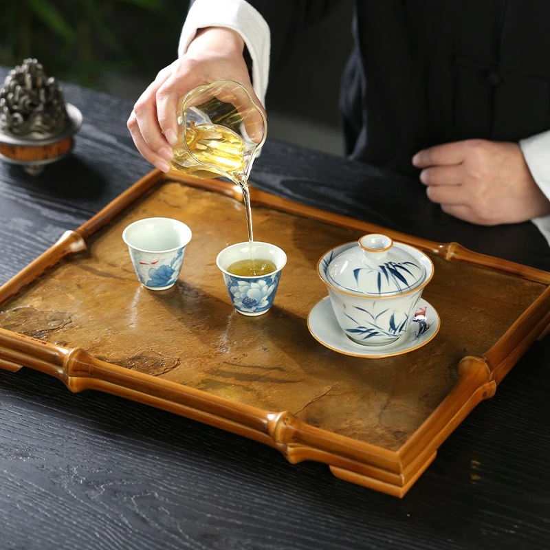 Zen Tea Tray, Rock Slab Dry Brewing Plate, Lacquer Bamboo Teapot Stand, Kung Fu Ceremony Accessory Holder