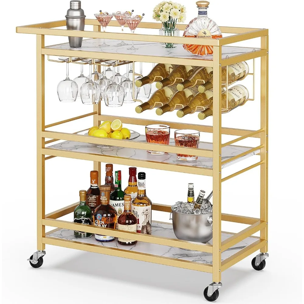 

3-Tier Gold Rolling Serving Cart with Marbled Wood Shelves for Home, Drink and Liquor Stand