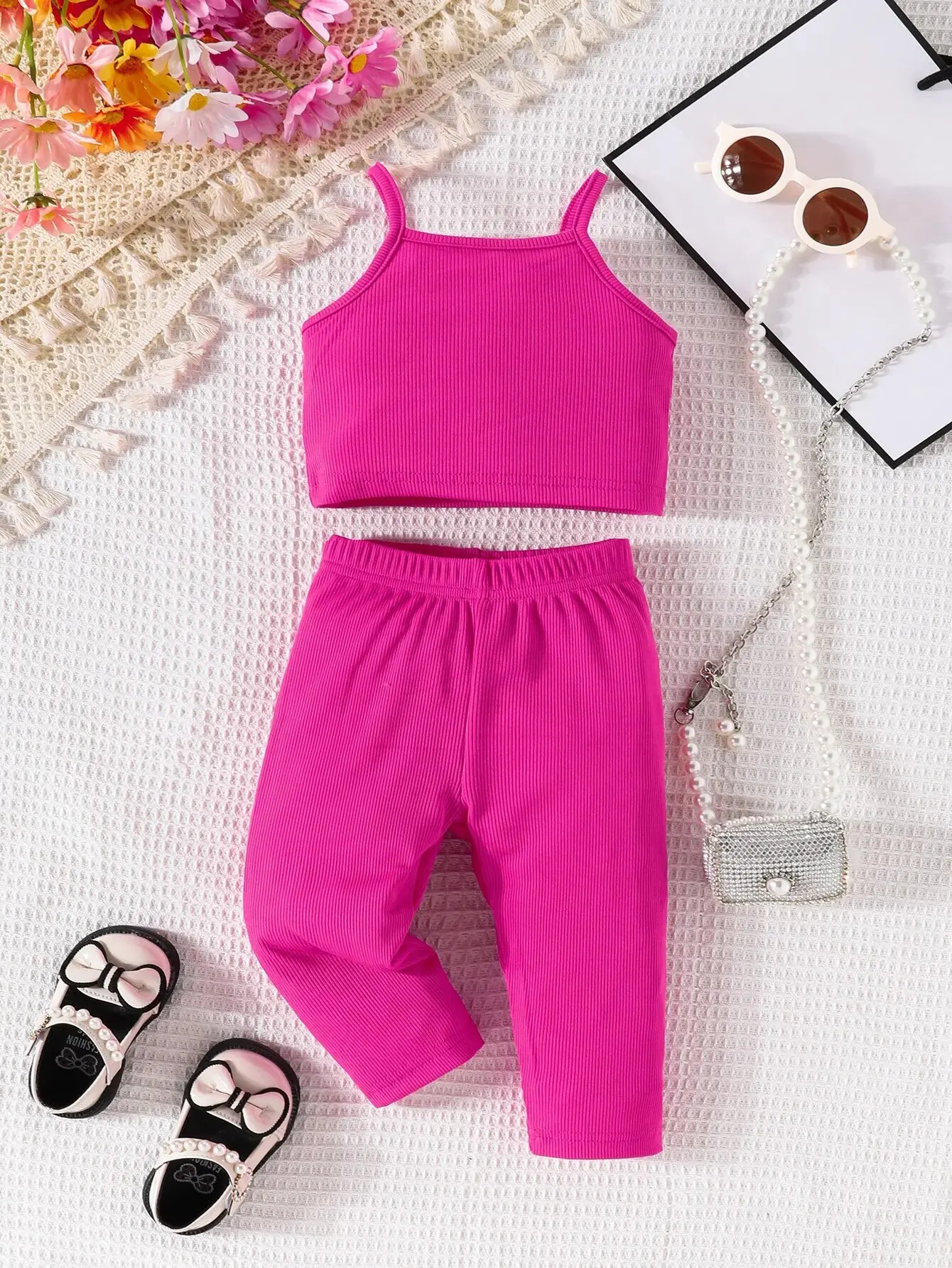 Summer 2-Piece Baby Girls New Fashion Casual Solid Color Suspenders + Trousers Comfortable Breathable Cute Outdoor Baby Set