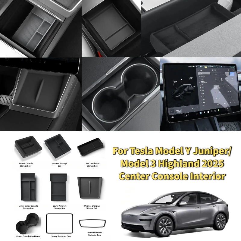 

For Tesla Model Y Juniper/Model 3 Highland 2025 Center Console Storage Box Cup Holder 9Pcs White Interior Screen Protector Cover