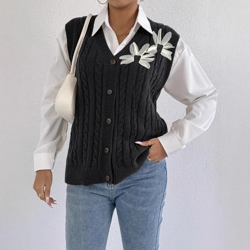 

Women's Knitted Cardigan Autumn Winter Women's Casual Outer Twist Woven Sweater Three-dimensional Flower Stitching Vest