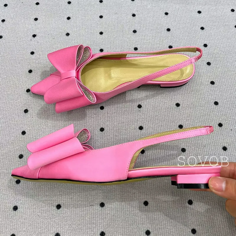 Spring Summer Pointed Toe Satin Bow Know Decoration Sandals Women Back Strap Low Heel Sandalias Banquet Dress Elegant Shoes