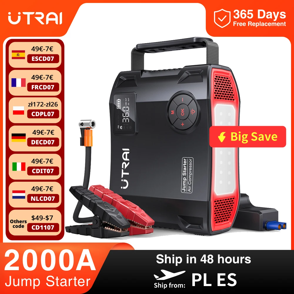 UTRAI 4 en 1 2000A démarreur de saut batterie externe 16000mAh 150PSI compresseur d'air pompe à pneus chargeur Portable dispositif de démarrage de Booster de voiture