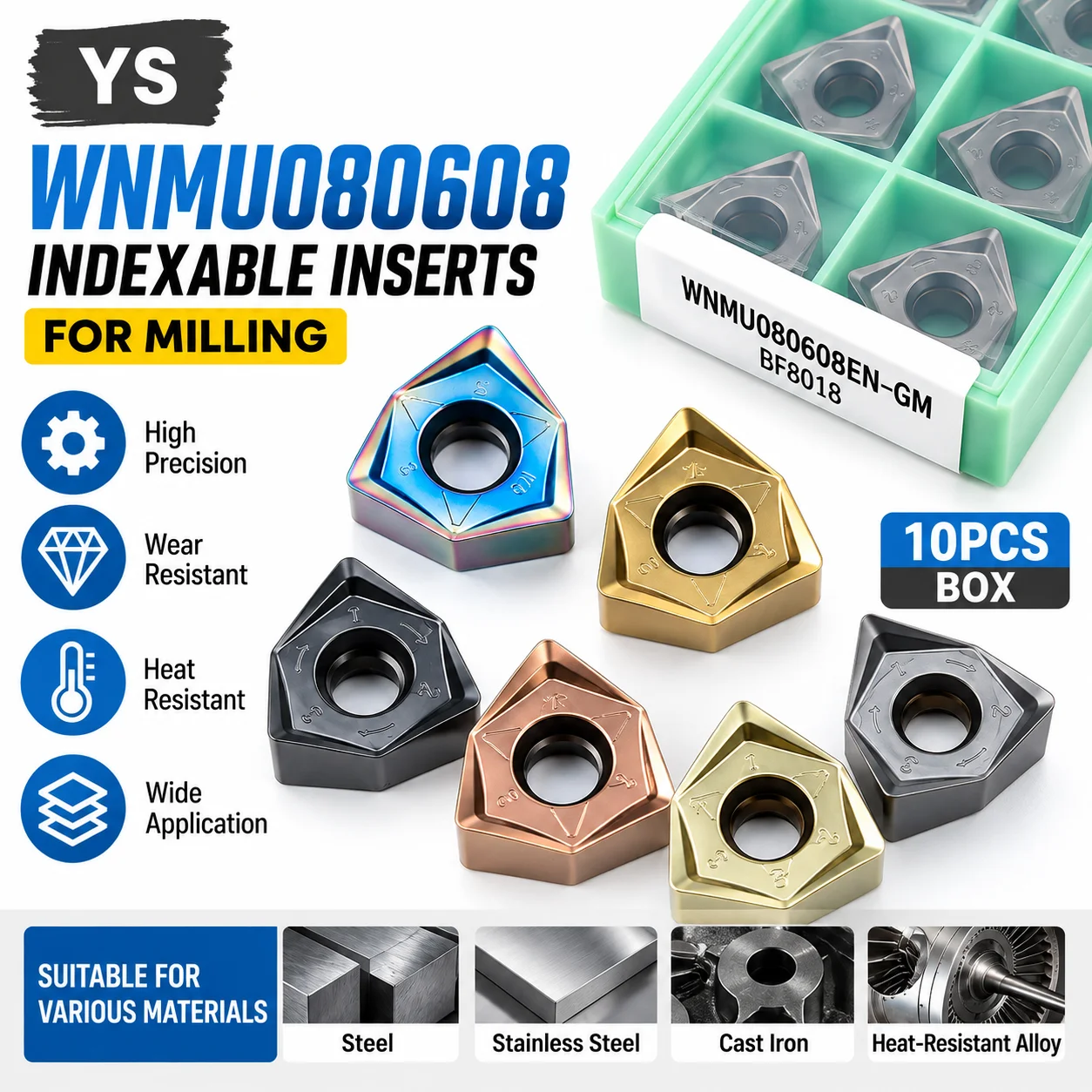10pc WNMU0806 WNMU080608 Double-Sided Hexagonal Inserts 90° Angle Fast Feed MFWN900 for Steel Stainless Steel Aluminum Cast Iron